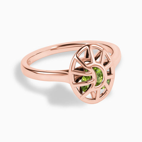 18KT Rose Gold Vermeil Peridot Crescent Moon Hollow Oval Shaker Ring - Soul Cage Angled Front View