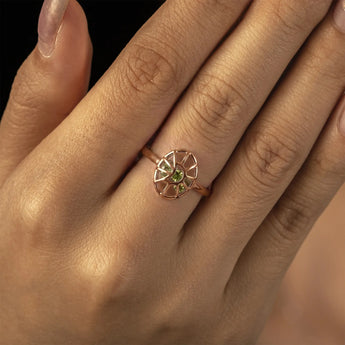 18KT Rose Gold Vermeil Peridot Crescent Moon Hollow Oval Shaker Ring - Soul Cage Worn View