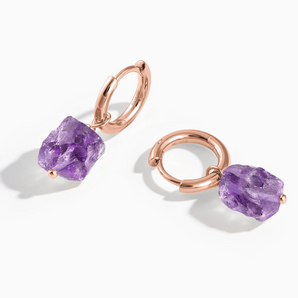 18KT Rose Gold Vermeil Raw Amethyst Drop Hoop Earrings - Untamed Grace Front View
