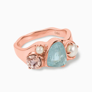 18KT Rose Gold Vermeil Raw Aquamarine & Round Morganite Wavy Ring - Rolling Tides Front View