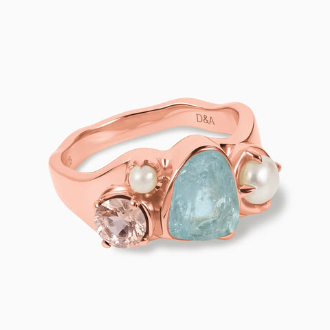 18KT Rose Gold Vermeil Raw Aquamarine & Round Morganite Wavy Ring - Rolling Tides Front View