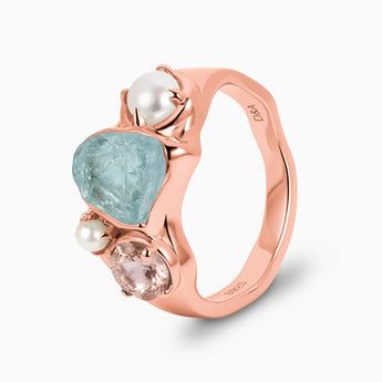 18KT Rose Gold Vermeil Raw Aquamarine & Round Morganite Wavy Ring - Rolling Tides Side View