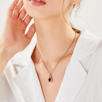 18KT Rose Gold Vermeil Raw Black Onyx Cradle Necklace - Guardian Hands Model Shot