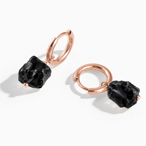 18KT Rose Gold Vermeil Raw Black Onyx Drop Hoop Earrings - Untamed Grace Front View
