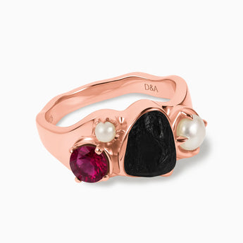 18KT Rose Gold Vermeil Raw Black Onyx & Round Ruby Wavy Ring - Rolling Tides Front View