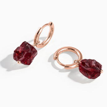18KT Rose Gold Vermeil Raw Garnet Drop Hoop Earrings - Untamed Grace Front View