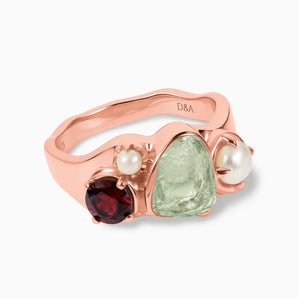 18KT Rose Gold Vermeil Raw Green Amethyst & Round Garnet Wavy Ring - Rolling Tides Front View