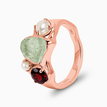 18KT Rose Gold Vermeil Raw Green Amethyst & Round Garnet Wavy Ring - Rolling Tides Side View