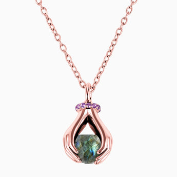 18KT Rose Gold Vermeil Raw Labradorite Cradle Necklace - Guardian Hands Front View