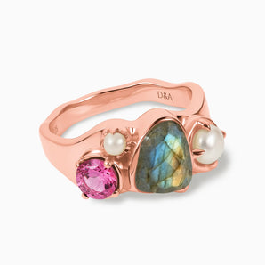 18KT Rose Gold Vermeil Raw Labradorite & Round Pink Tourmaline Wavy Ring - Rolling Tides Front View
