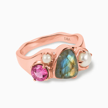 18KT Rose Gold Vermeil Raw Labradorite & Round Pink Tourmaline Wavy Ring - Rolling Tides Front View