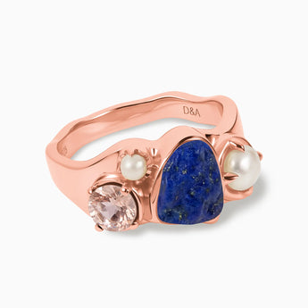 18KT Rose Gold Vermeil Raw Lapis Lazuli & Round Morganite Wavy Ring - Rolling Tides Front View