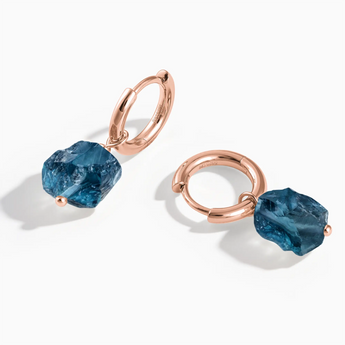 18KT Rose Gold Vermeil Raw London Blue Topaz Drop Hoop Earrings - Untamed Grace Front View