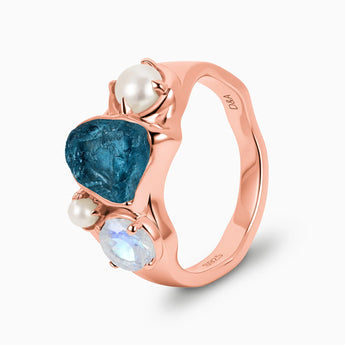 18KT Rose Gold Vermeil Raw London Blue Topaz & Round Moonstone Wavy Ring - Rolling Tides Side View