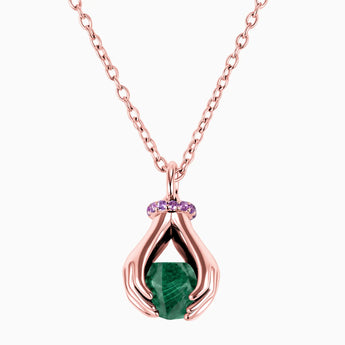 18KT Rose Gold Vermeil Raw Malachite Cradle Necklace - Guardian Hands Front View