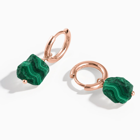 18KT Rose Gold Vermeil Raw Malachite Drop Hoop Earrings - Untamed Grace Front View