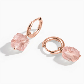 18KT Rose Gold Vermeil Raw Morganite Drop Hoop Earrings - Untamed Grace Front View