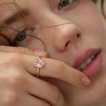 18KT Rose Gold Vermeil Raw Morganite Ring - Freeform Worn View