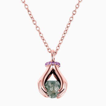 18KT Rose Gold Vermeil Raw Moss Agate Cradle Necklace - Guardian Hands Front View
