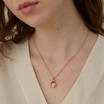 18KT Rose Gold Vermeil Raw Opal Cradle Necklace - Guardian Hands Model Shot