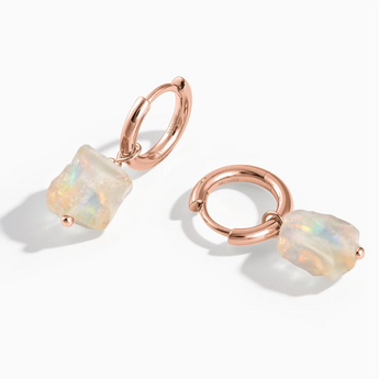 18KT Rose Gold Vermeil Raw Opal Drop Hoop Earrings - Untamed Grace Front View