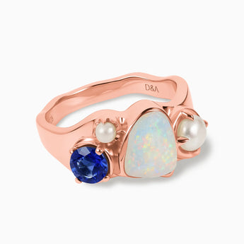 18KT Rose Gold Vermeil Raw Opal & Round Blue Sapphire Wavy Ring - Rolling Tides Front View