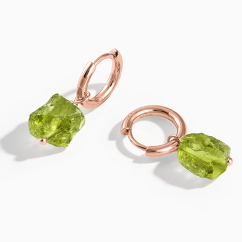 18KT Rose Gold Vermeil Raw Peridot Drop Hoop Earrings - Untamed Grace Front View