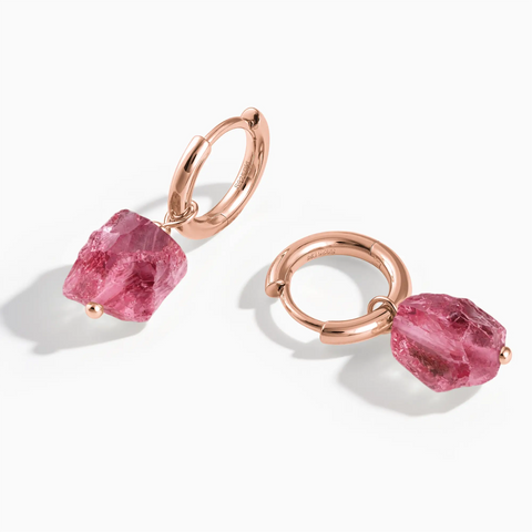 18KT Rose Gold Vermeil Raw Pink Tourmaline Drop Hoop Earrings - Untamed Grace Front View