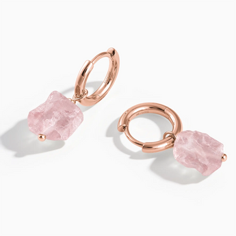 18KT Rose Gold Vermeil Raw Rose Quartz Drop Hoop Earrings - Untamed Grace Front View