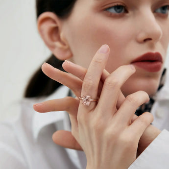 18KT Rose Gold Vermeil Raw Rose Quartz Ring - Freeform Worn View