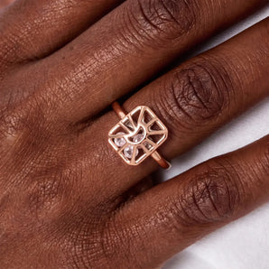 18KT Rose Gold Vermeil Rectangle Rose Quartz Cutout Web Shaker Ring - Lunar Matrix Model Shot