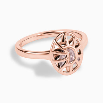 18KT Rose Gold Vermeil Rose Quartz Crescent Moon Hollow Oval Shaker Ring - Soul Cage Angled Front View