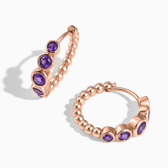 18KT Rose Gold Vermeil Round Amethyst Bezel Hoop Earrings - Beaded Reverie Front View