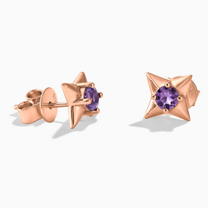 18KT Rose Gold Vermeil Round Amethyst Four Point Star Stud Earrings - Wishkeeper Front View