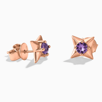18KT Rose Gold Vermeil Round Amethyst Four Point Star Stud Earrings - Wishkeeper Front View