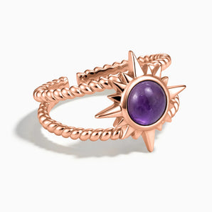 18KT Rose Gold Vermeil Round Amethyst Sunburst Twisted Ring - Soleil Ray Front View