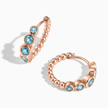18KT Rose Gold Vermeil Round Aquamarine Bezel Hoop Earrings - Beaded Reverie Front View
