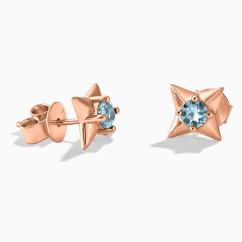 18KT Rose Gold Vermeil Round Aquamarine Four Point Star Stud Earrings - Wishkeeper Front View