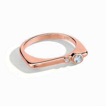 18KT Rose Gold Vermeil Round Aquamarine Puzzle Stacking Ring - Minimal Still Front View