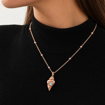 18KT Rose Gold Vermeil Round Aquamarine Sun Conch Necklace Tidal Glow Model Shot Close Up