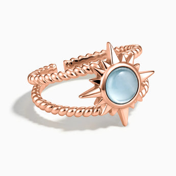 18KT Rose Gold Vermeil Round Aquamarine Sunburst Twisted Ring - Soleil Ray Front View