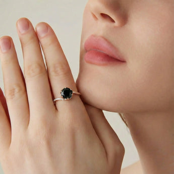 18KT Rose Gold Vermeil Round Black Onyx Petal Prong Ring - Bloom Model Shot