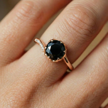 18KT Rose Gold Vermeil Round Black Onyx Petal Prong Ring - Bloom Worn View