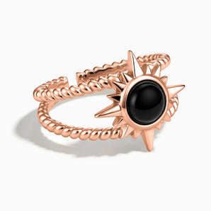 18KT Rose Gold Vermeil Round Black Onyx Sunburst Twisted Ring - Soleil Ray Front View