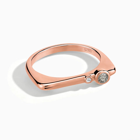 18KT Rose Gold Vermeil Round Black Rutilated Quartz Puzzle Stacking Ring - Minimal Still Front View