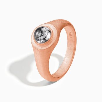 18KT Rose Gold Vermeil Round Black Rutilated Quartz Sandblasted Ring - Matte Sculpt Side View
