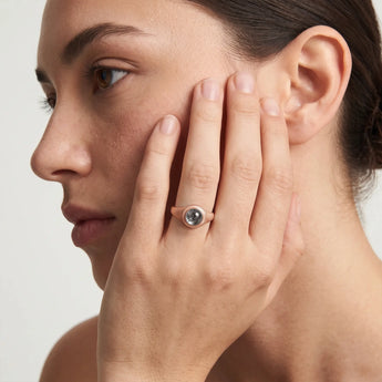 18KT Rose Gold Vermeil Round Black Rutilated Quartz Sandblasted Ring - Matte Sculpt Worn View