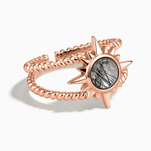 18KT Rose Gold Vermeil Round Black Rutilated Quartz Sunburst Twisted Ring - Soleil Ray Front View