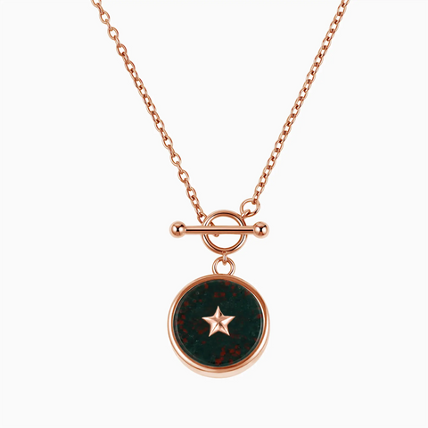 18KT Rose Gold Vermeil Round Bloodstone Toggle Clasp Necklace - Inner Star Front View