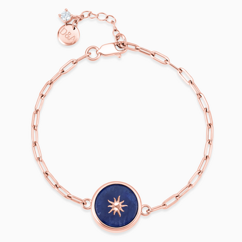 18KT Rose Gold Vermeil Round Blue Sapphire Paperclip Bracelet - Solo Sun Front View